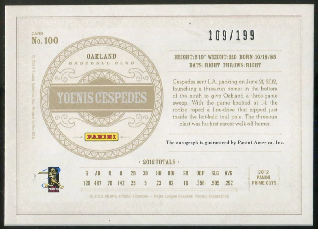 #10 Yoenis Cespedes 2012 Panini Playoff Prime Cuts Rated Rookie Autographed Card - 2