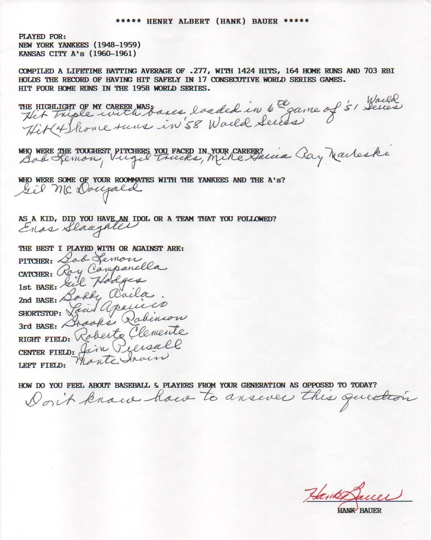 (JSA) Hank Bauer Autographed Hand Filled Out Survey Page: (JSA) Hank Bauer Autographed Hand Filled Out Survey Page This listing features (JSA) Hank Bauer Autographed Hand Filled Out Survey Page. Item specifics are provided below. Item Specifics: Brand: James