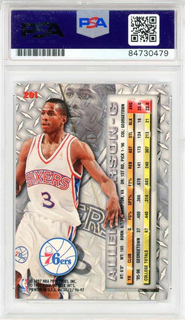 10) Allen Iverson Autographed 1996-97 Fleer Metal Card #201 (PSA Auto Gem Mt - 2