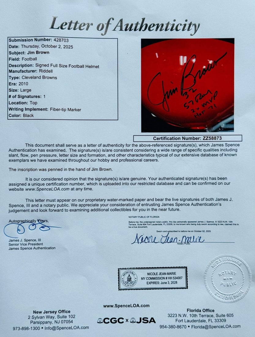 (JSA) Jim Brown Autographed Cleveland Browns Full Size Authentic Stat Helmet - 2