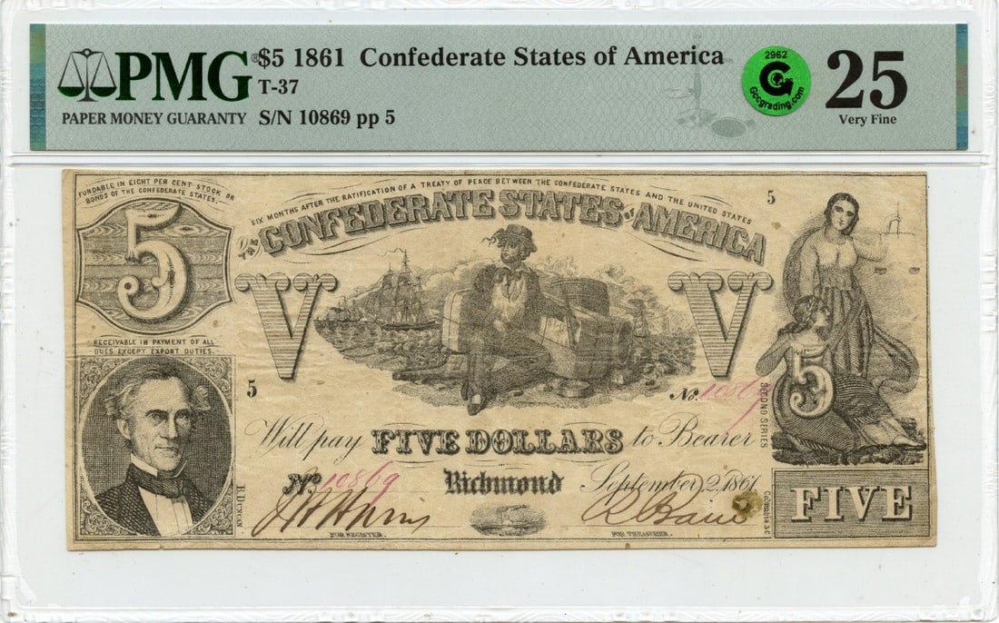 Green 1861 $5 Confederate States of America T-37 CSA PMG VF25 GCC: Green 1861 $5 Confederate States of America T-37 CSA PMG VF25 GCC This listing features Green 1861 $5 Confederate States of America T-37 CSA PMG VF25 GCC. Item specifics are provided below. Item