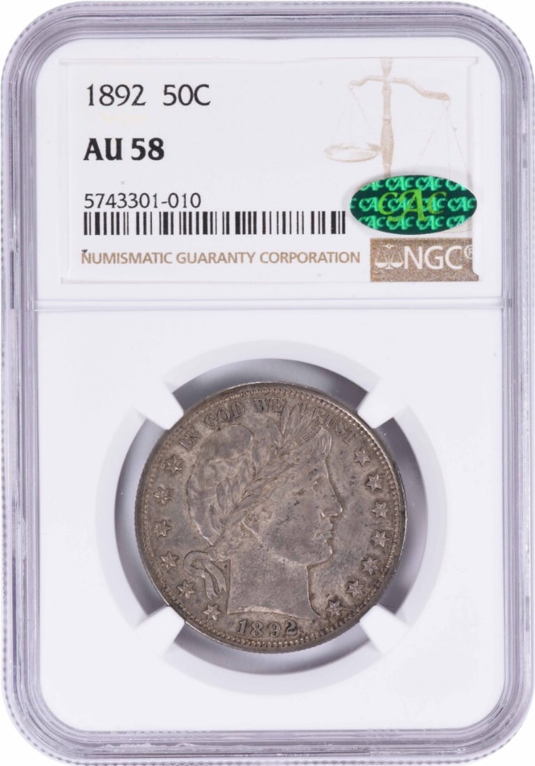 (CAC) 1892 Barber Silver Half Dollar AU58 NGC: (CAC) 1892 Barber Silver Half Dollar AU58 NGC This listing features (CAC) 1892 Barber Silver Half Dollar AU58 NGC. Item specifics are provided below. Item Specifics: Country Of Origin: United States
