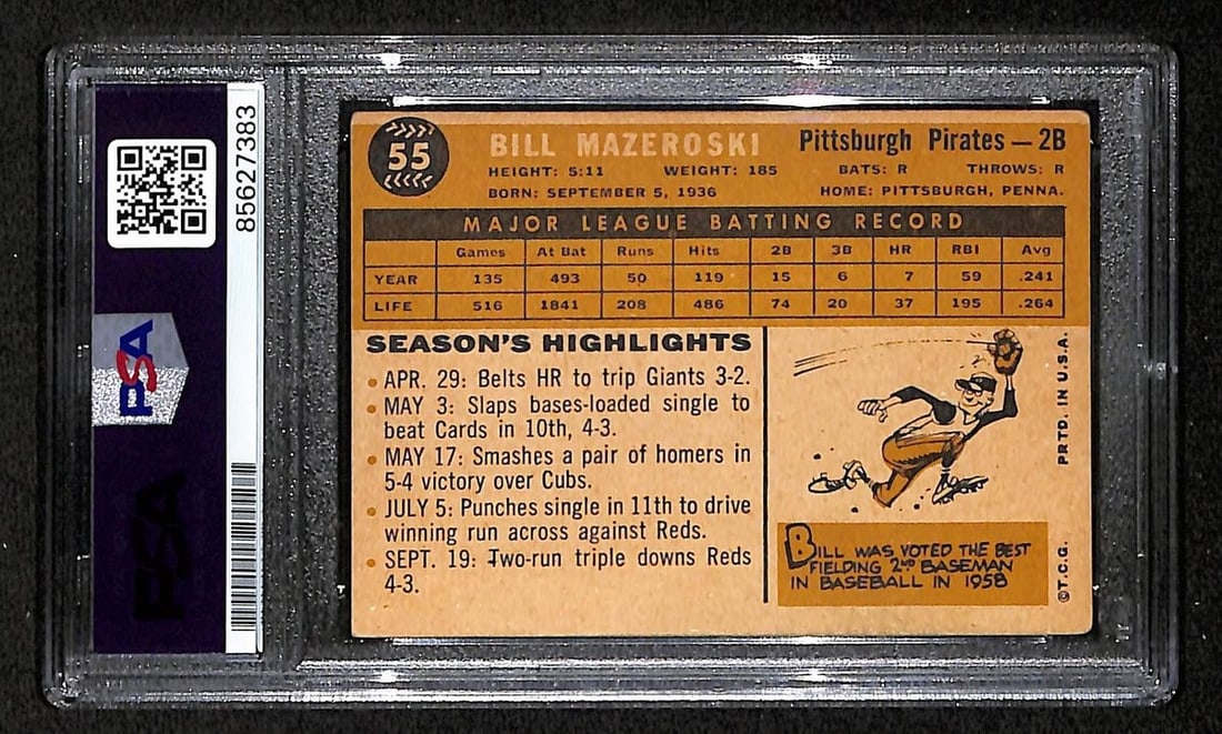 BA204707 1960 Topps Bill Mazeroski HOF Signed/ Autographed Card Pirates PSA/ DNA - 2