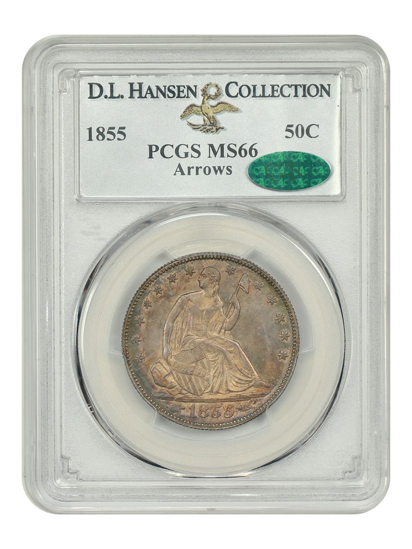 Liberty Seated Half Dollar - 1855 50C PCGS/ CAC MS66 (Arrows) ex: D.L. Hansen: Liberty Seated Half Dollar - 1855 50C PCGS/ CAC MS66 (Arrows) ex: D.L. Hansen This listing features Liberty Seated Half Dollar - 1855 50C PCGS/ CAC MS66 (Arrows) ex: D.L. Hansen. Item specifics are pr
