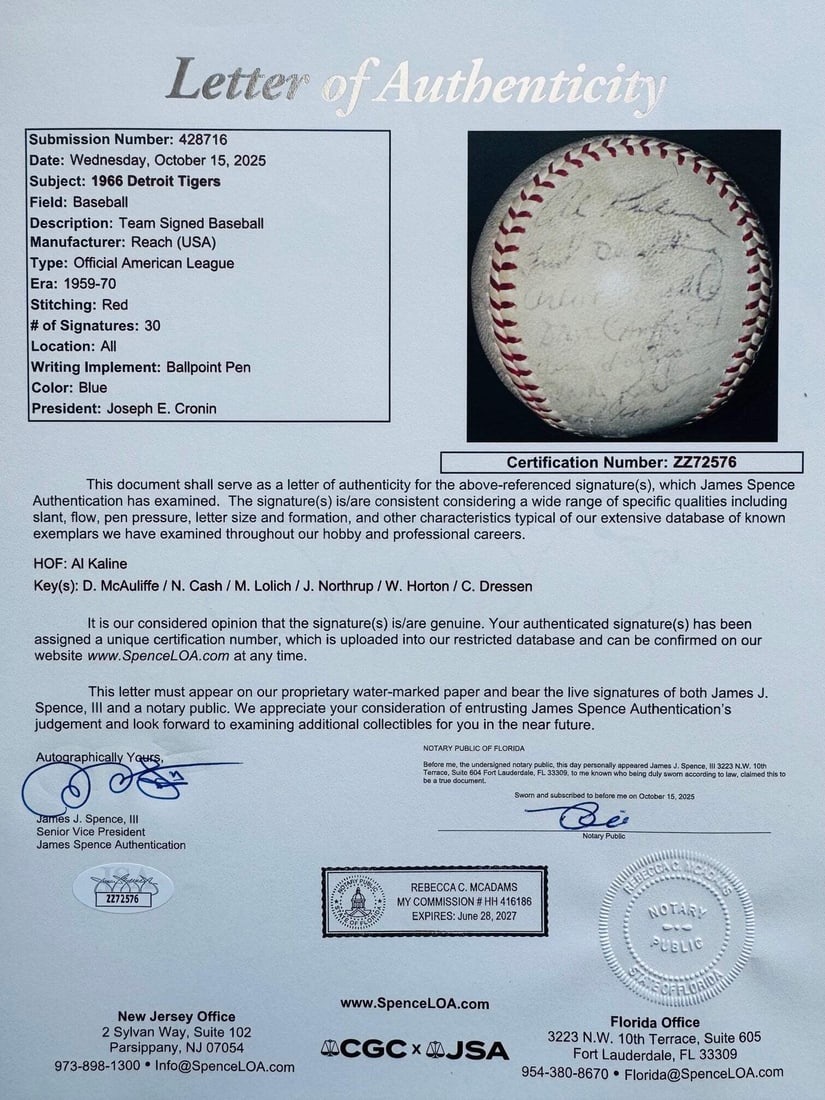 (JSA) 1966 Detroit Tigers Autographed Official American League Baseball - 2