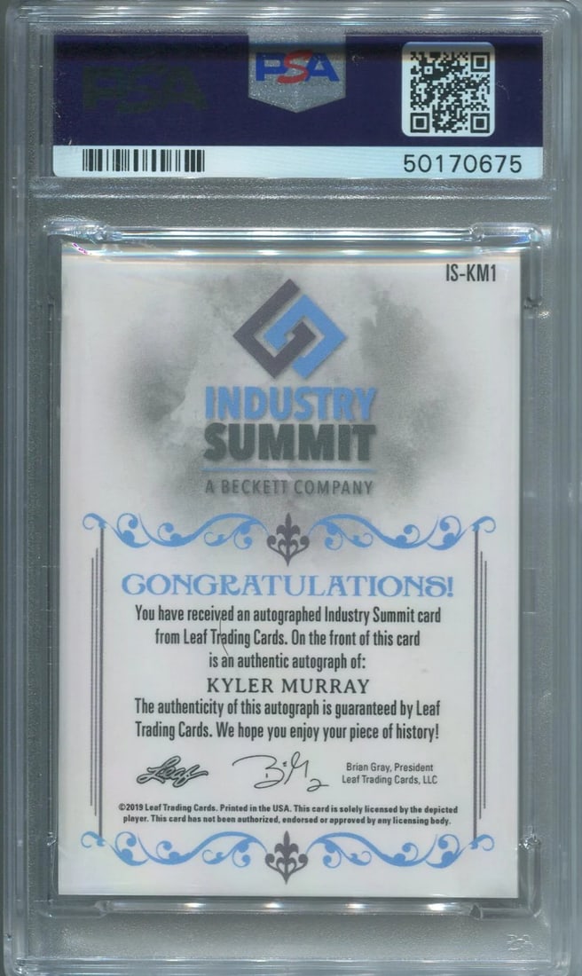 Aut Kyler Murray 2019 1/ 1 Leaf Industry Summit Autographed Card#KM1 (PSA) Graded - 2
