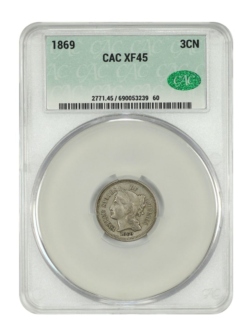Three Cent Nickel - 1869 3CN CACG XF45 (1 of 2)