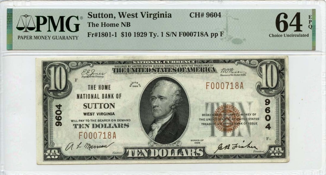 EPQ 1929 Ty.1 $10 Home NB Sutton West Virginia National Ch#9604 PMG CH64: EPQ 1929 Ty.1 $10 Home NB Sutton West Virginia National Ch#9604 PMG CH64 This listing features EPQ 1929 Ty.1 $10 Home NB Sutton West Virginia National Ch#9604 PMG CH64. Item specifics are provided bel