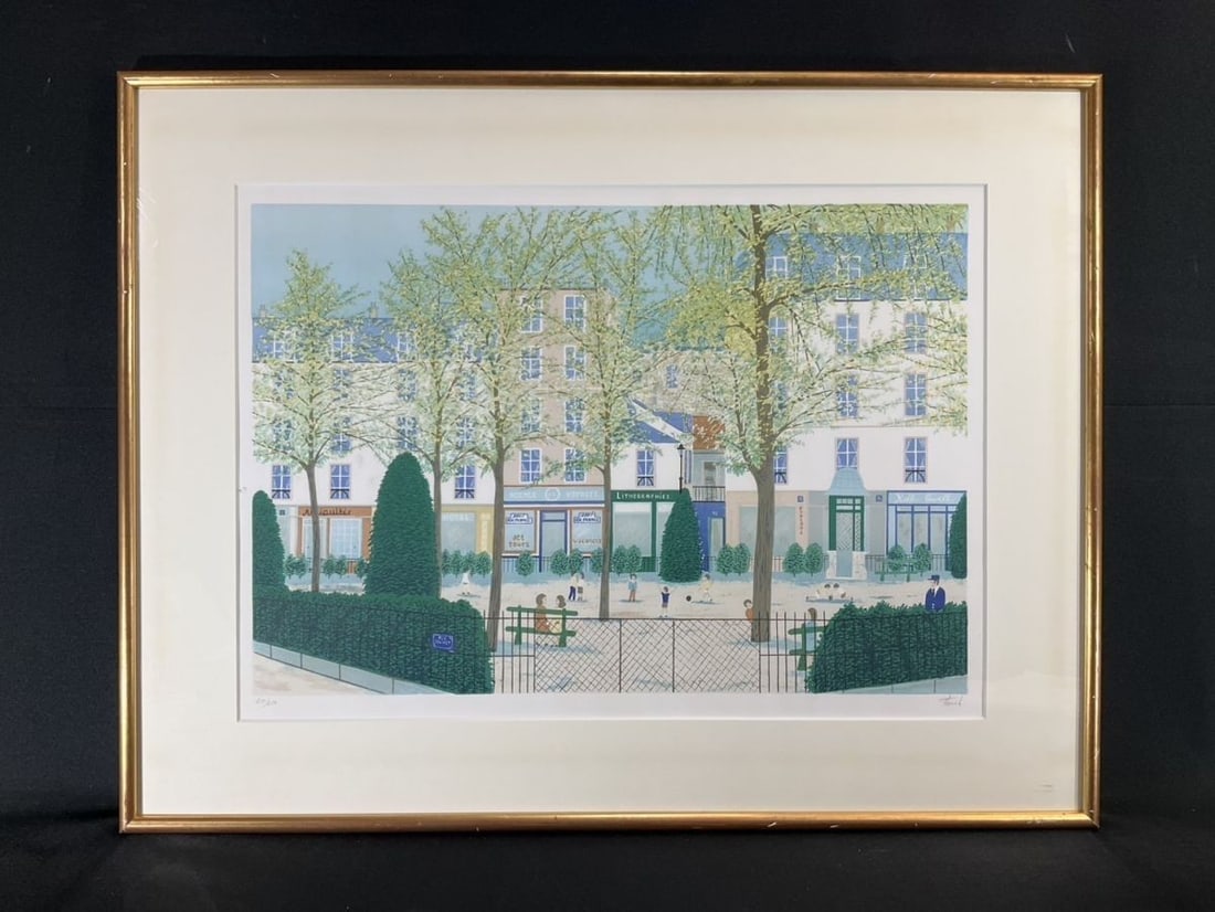 Framed Fanch Ledan Hand Signed Lithograph "Park Scene" 210/ 250 Modern French Art (1 of 10)