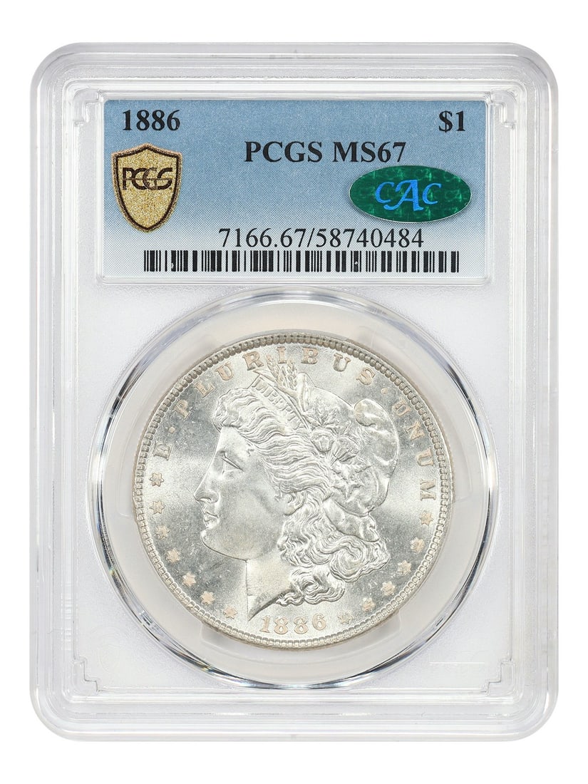 Morgan Dollar - 1886 $1 PCGS/ CAC MS67: Morgan Dollar - 1886 $1 PCGS/ CAC MS67 This listing features Morgan Dollar - 1886 $1 PCGS/ CAC MS67. Item specifics are provided below. Item Specifics: Certification: PCGS Certification Number: 587404