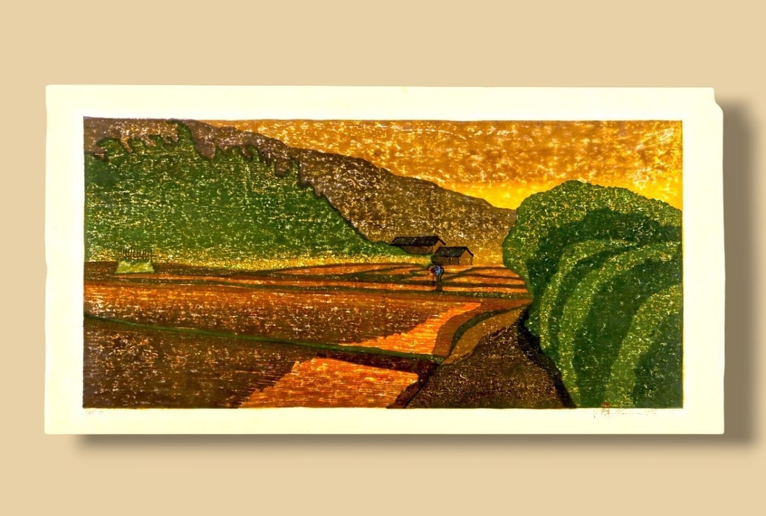 1989 woodblock print "Hitoboshikoro (Around the Fire Point)" - Joshua Rome - 2