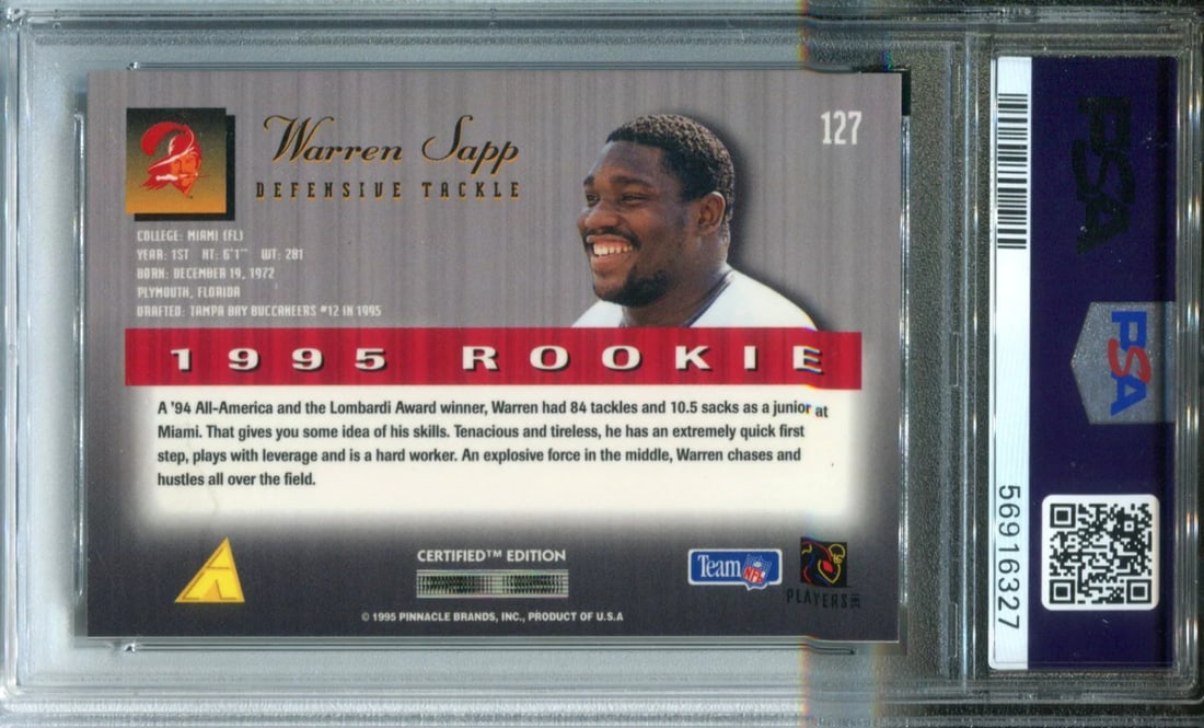 Card Warren Sapp 1995 Select Certified #127 PSA Mint 9 Auto 10 - 2