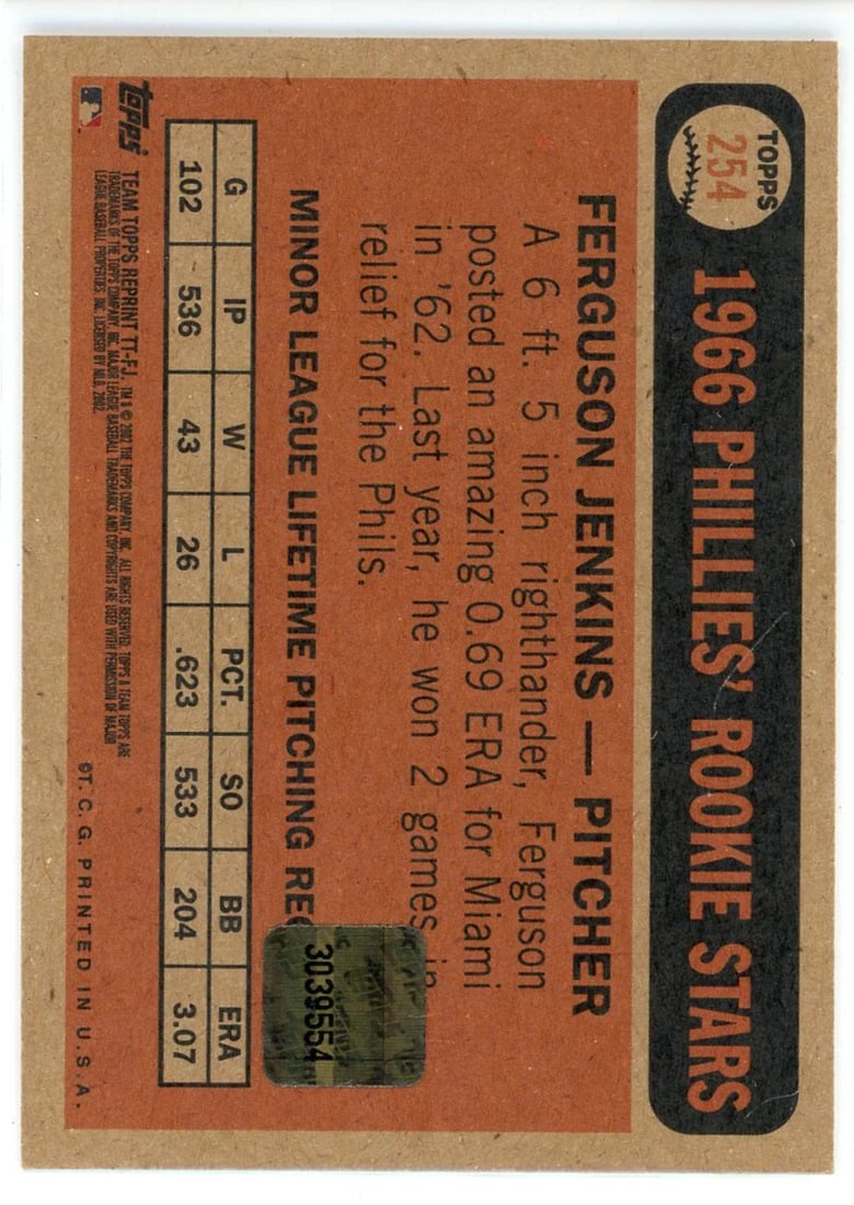 #254 Fergie Jenkins Autographed 2002 Topps Archive Team Topps Legends Card - 2