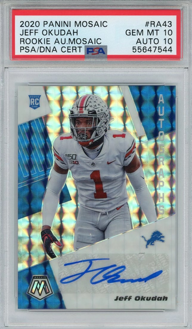 10) Jeff Okudah Autographed 2020 Panini Mosaic Rookie Prizm Card #RA43 (PSA 10/ (1 of 2)