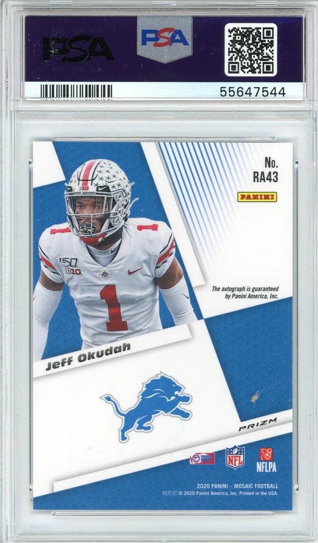 10) Jeff Okudah Autographed 2020 Panini Mosaic Rookie Prizm Card #RA43 (PSA 10/ - 2