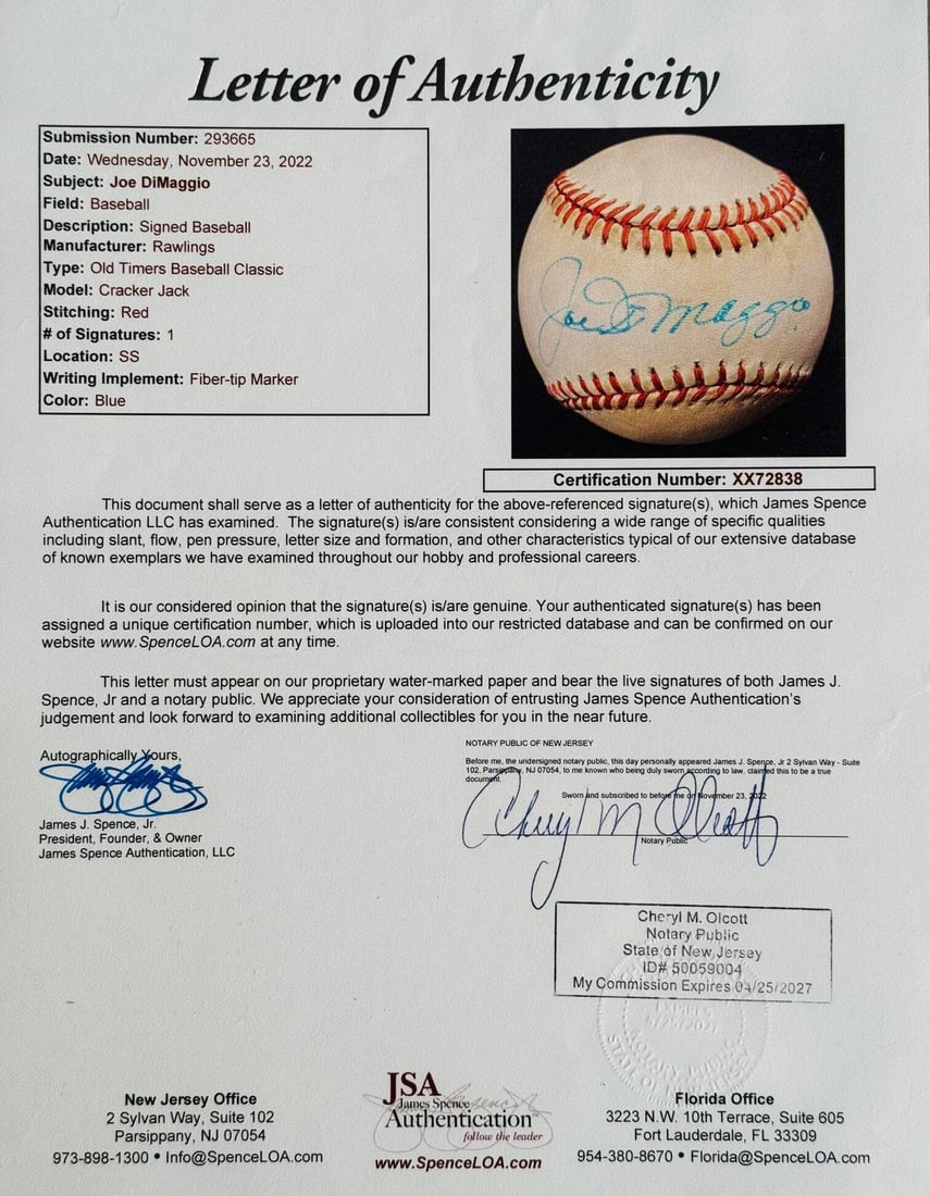 (JSA) Joe DiMaggio Autographed Cracker Jack Old Timers Baseball Classic Ball - 2