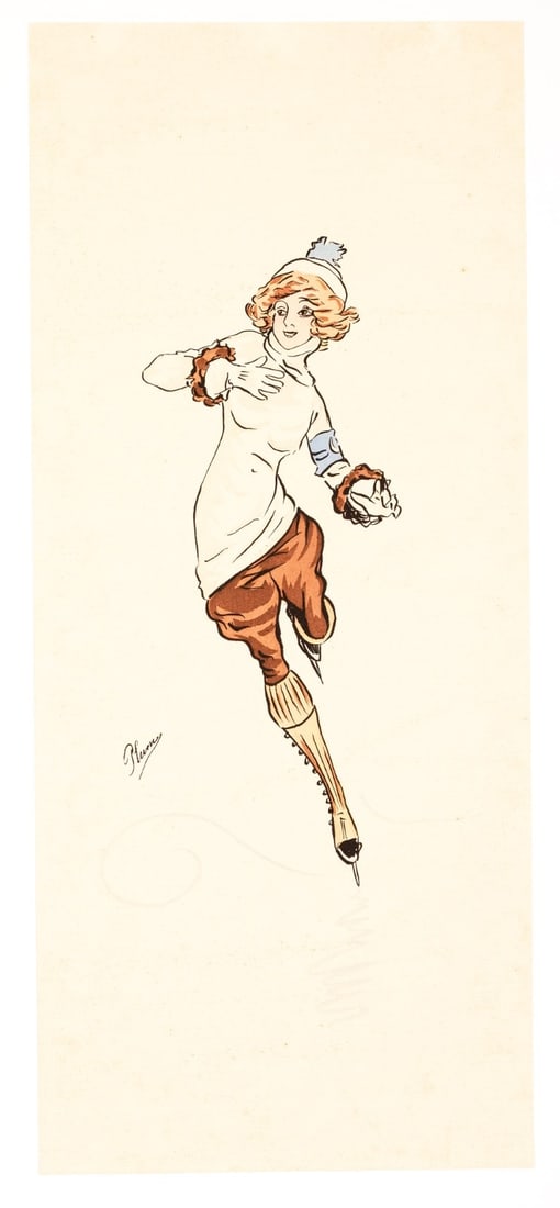 Plum Lady Skater Aquarelle Circa 1910 With Fashionable Lady By - 2