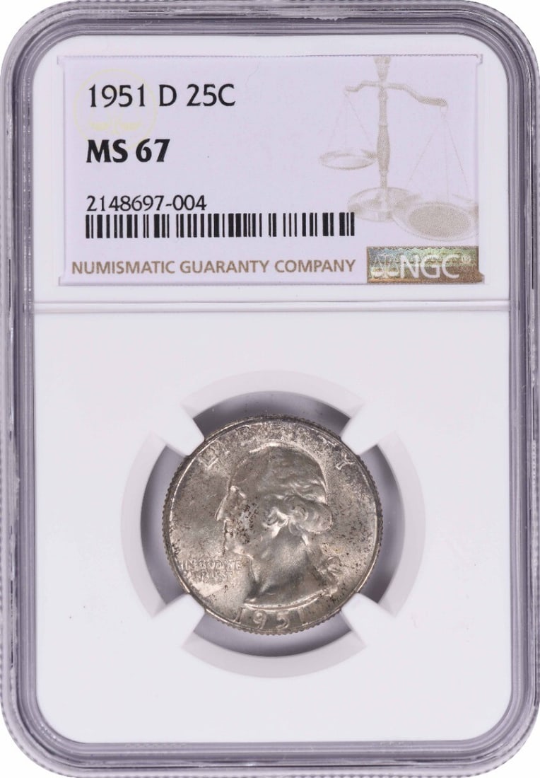 NGC 1951-D Washington Silver Quarter MS67: NGC 1951-D Washington Silver Quarter MS67 This listing features NGC 1951-D Washington Silver Quarter MS67. Item specifics are provided below. Item Specifics: Country Of Origin: United States