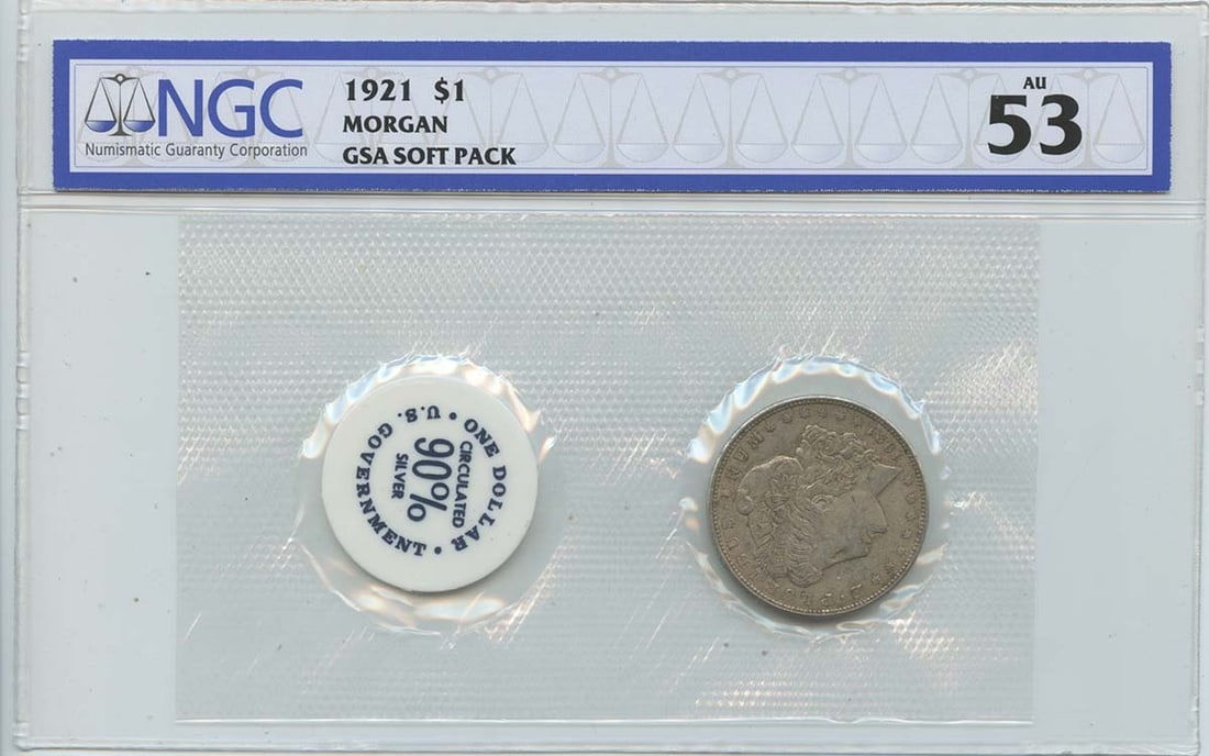 AU53 1921 MORGAN Dollar GSA SOFT PACK S$1 NGC: AU53 1921 MORGAN Dollar GSA SOFT PACK S$1 NGC This listing features AU53 1921 MORGAN Dollar GSA SOFT PACK S$1 NGC. Item specifics are provided below. Item Specifics: Certification: NGC Certification