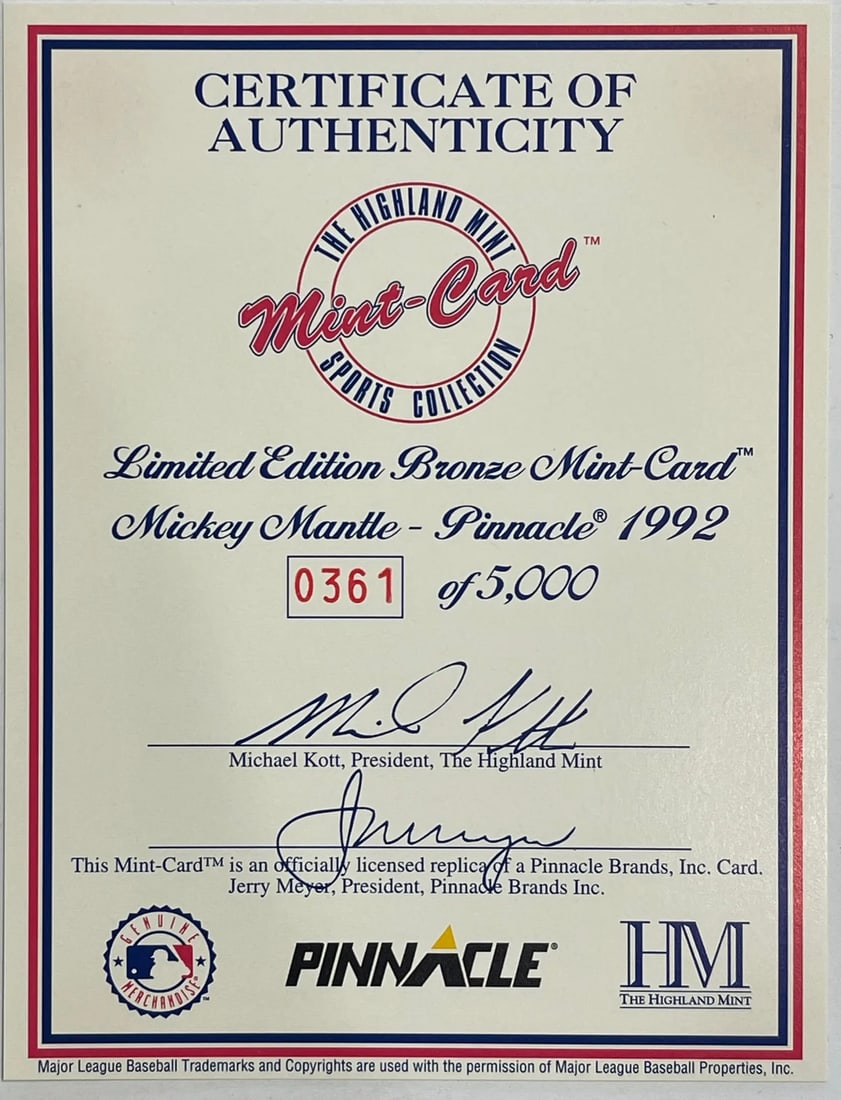 5000 Mickey Mantle Pinnacle 1992 Bronze Mint Card #361/ - 2