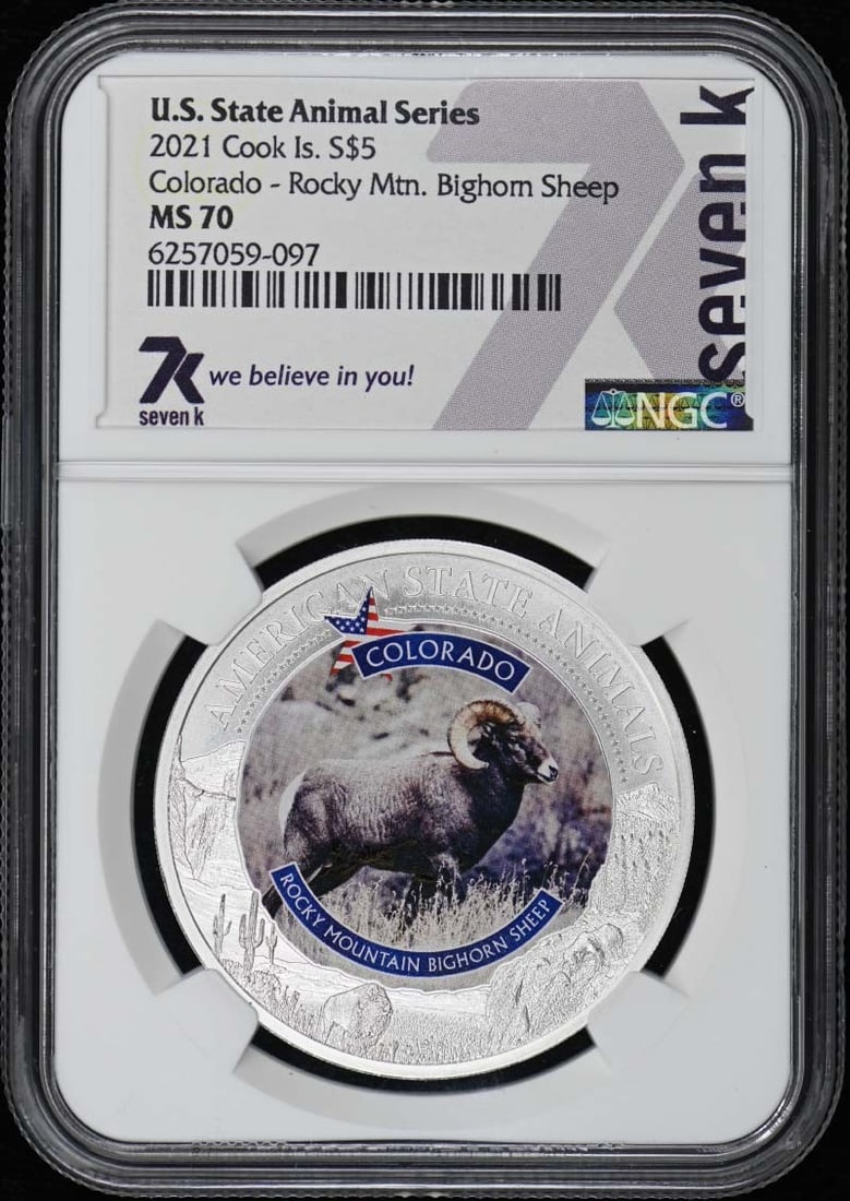 Rocky Mountain Bighorn Sheep S$5 NGC MS70 - 2021 Cook Is. Colorado: Rocky Mountain Bighorn Sheep S$5 NGC MS70 - 2021 Cook Is. Colorado This listing features Rocky Mountain Bighorn Sheep S$5 NGC MS70 - 2021 Cook Is. Colorado. Item specifics are provided below. Item