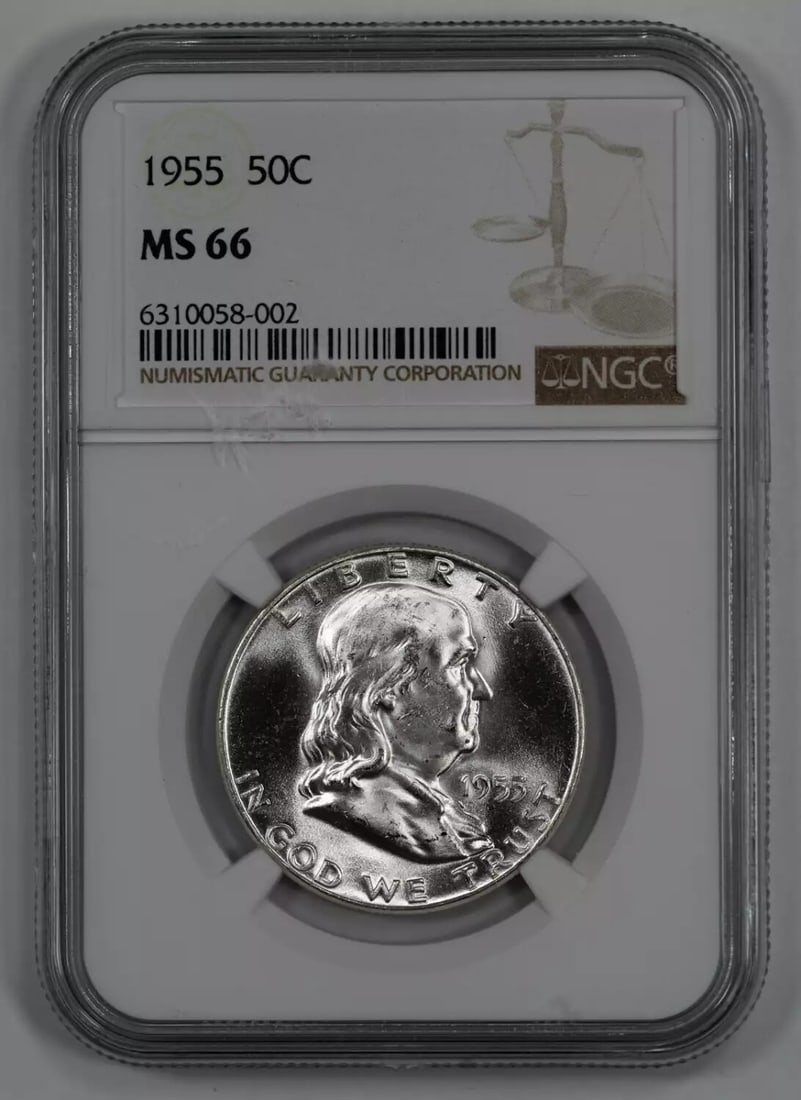 WHITE! (002) - 1955 FRANKLIN HALF DOLLAR 50C NGC CERTIFIED MS 66 MINT UNC: WHITE! (002) - 1955 FRANKLIN HALF DOLLAR 50C NGC CERTIFIED MS 66 MINT UNC This listing features WHITE! (002) - 1955 FRANKLIN HALF DOLLAR 50C NGC CERTIFIED MS 66 MINT UNC. Item specifics are provided