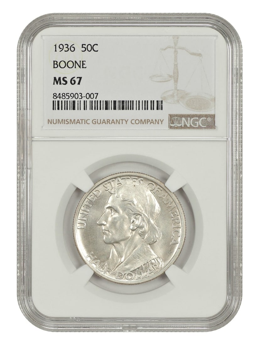 Low Mintage Issue - 1936 50C Boone NGC MS67 - Classic Silver Commemorative: Low Mintage Issue - 1936 50C Boone NGC MS67 - Classic Silver Commemorative This listing features Low Mintage Issue - 1936 50C Boone NGC MS67 - Classic Silver Commemorative. Item specifics are provided