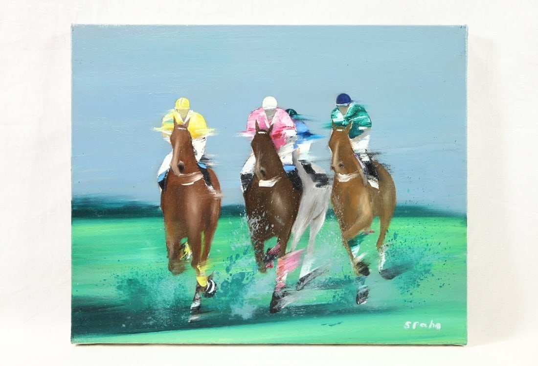 Framed Original Victor Spahn Oil Painting on Canvas " Horse riding " Signed - 4