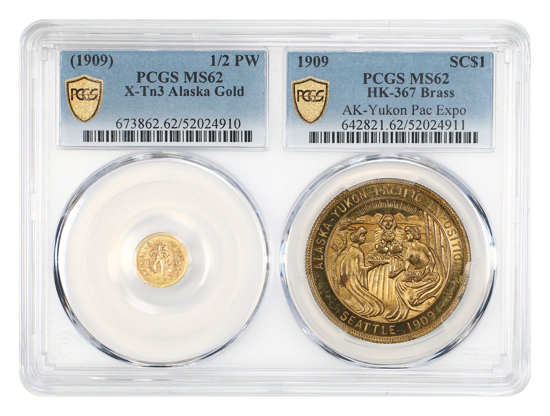 PCGS Dual Holder: (1909) 1/ 2 PW Alaska Gold (X-Tn3) and 1909 SC$1 (HK-367 Brass): PCGS Dual Holder: (1909) 1/ 2 PW Alaska Gold (X-Tn3) and 1909 SC$1 (HK-367 Brass) This listing features PCGS Dual Holder: (1909) 1/ 2 PW Alaska Gold (X-Tn3) and 1909 SC$1 (HK-367 Brass). Item specific