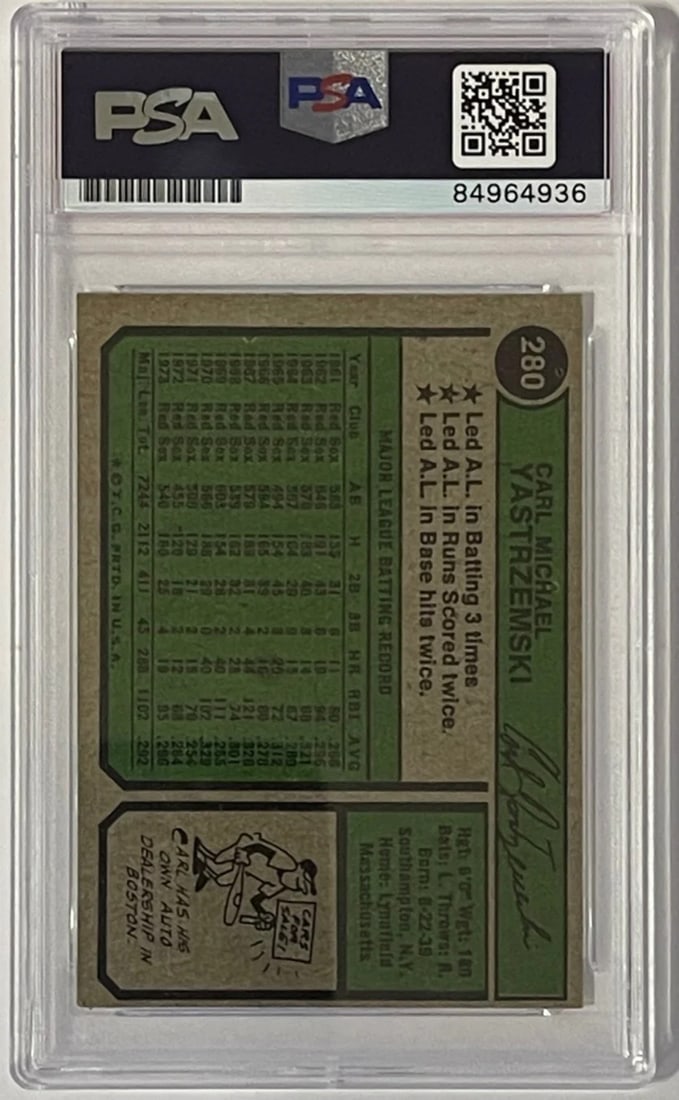 10 Carl Yastrzemski Signed 1974 Topps Card #280 PSA Auto GEM MT - 2