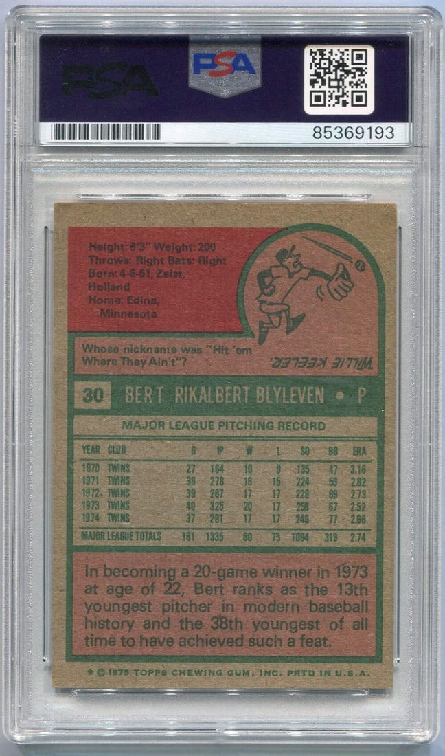 Certified Bert Blyleven 1975 Topps Autographed Card #30 PSA/ DNA - 2