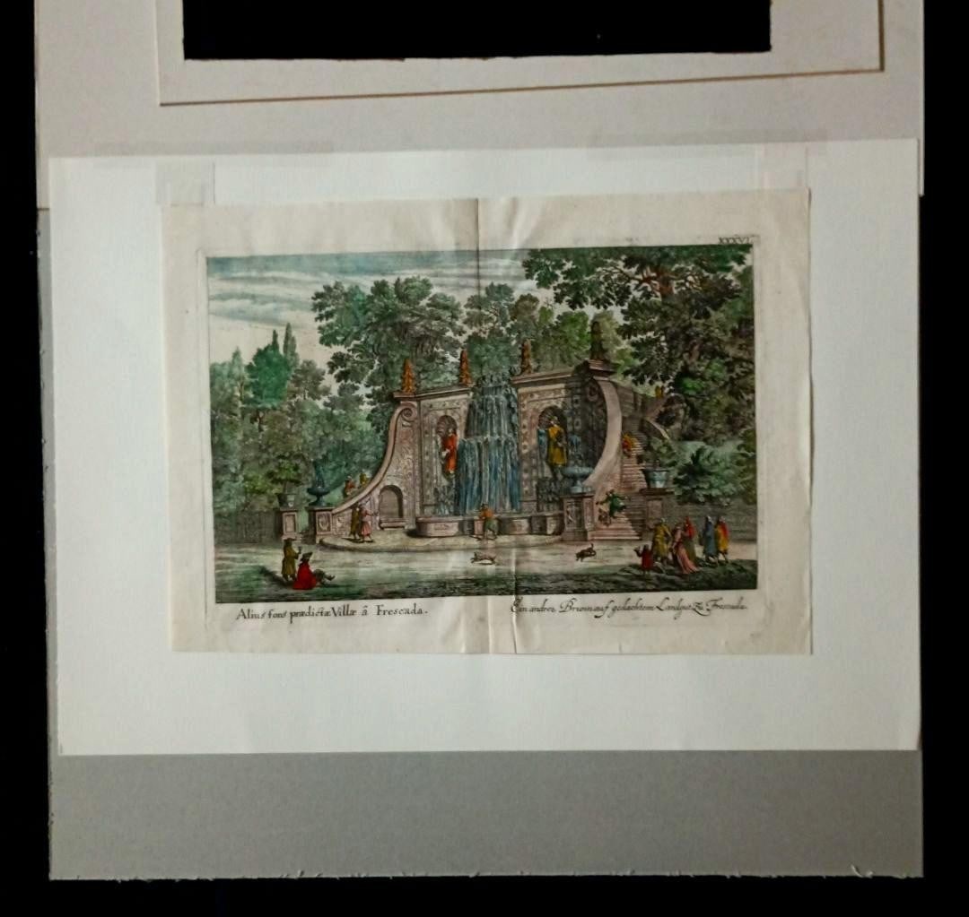 Print 1685 Falda Hand-Colored Engraving "Villa Frescada Fountain" Rome Antique - 11