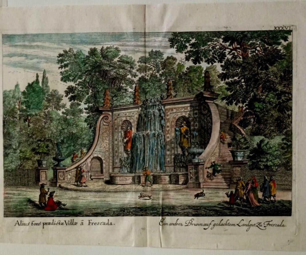 Print 1685 Falda Hand-Colored Engraving "Villa Frescada Fountain" Rome Antique - 2