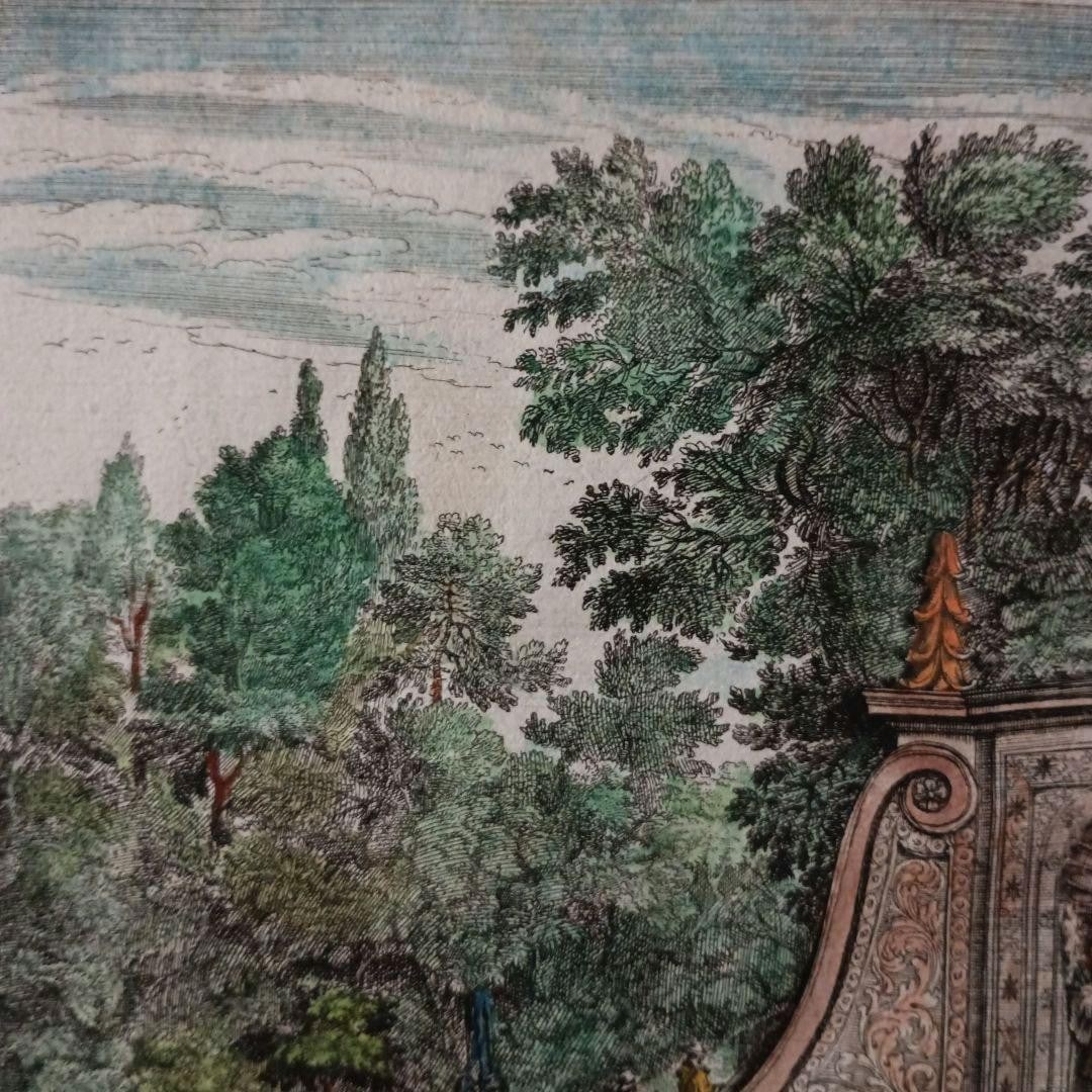 Print 1685 Falda Hand-Colored Engraving "Villa Frescada Fountain" Rome Antique - 3