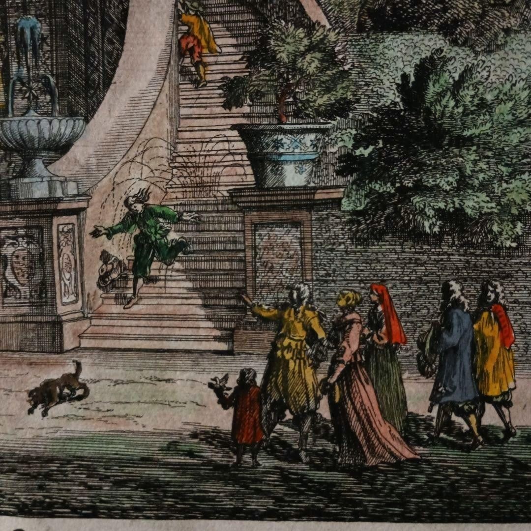 Print 1685 Falda Hand-Colored Engraving "Villa Frescada Fountain" Rome Antique - 7