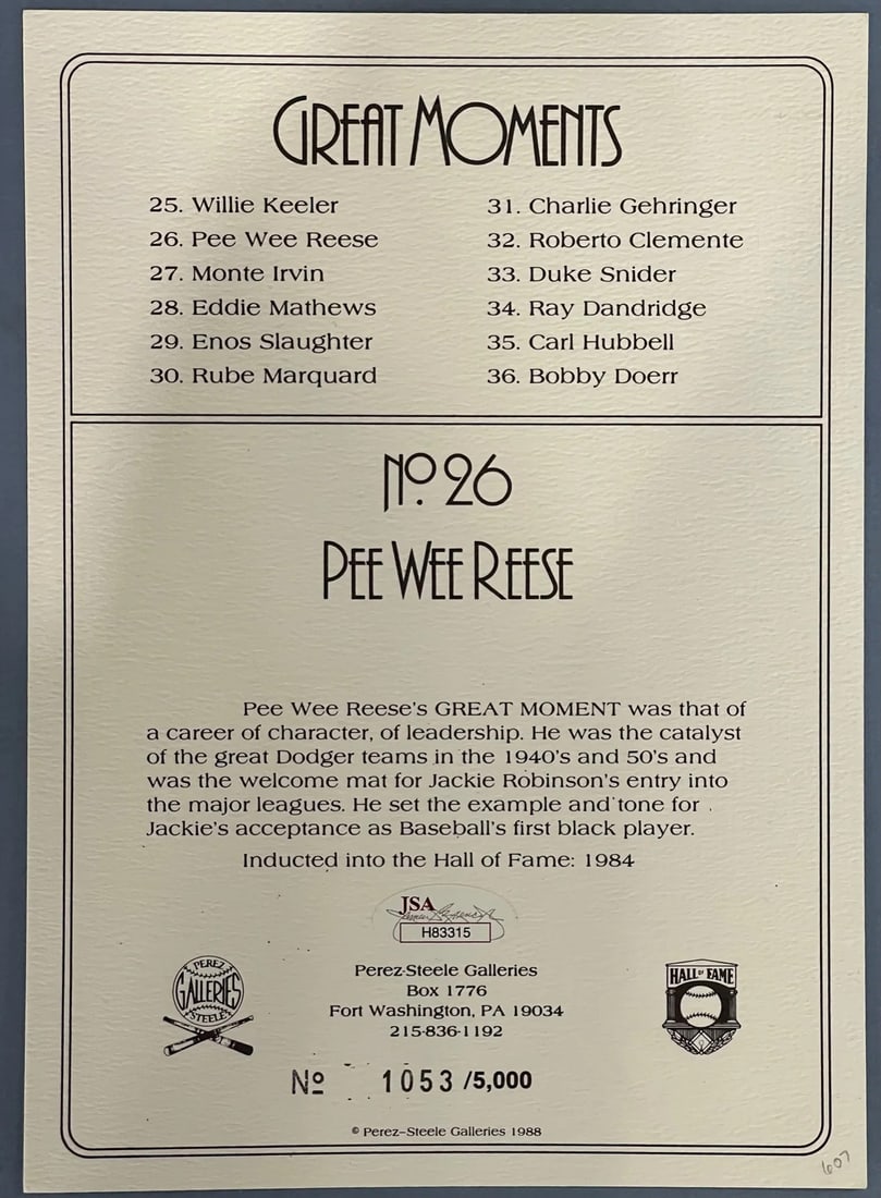 (JSA) Pee Wee Reese Autographed Greatest Moments Postcard - 2