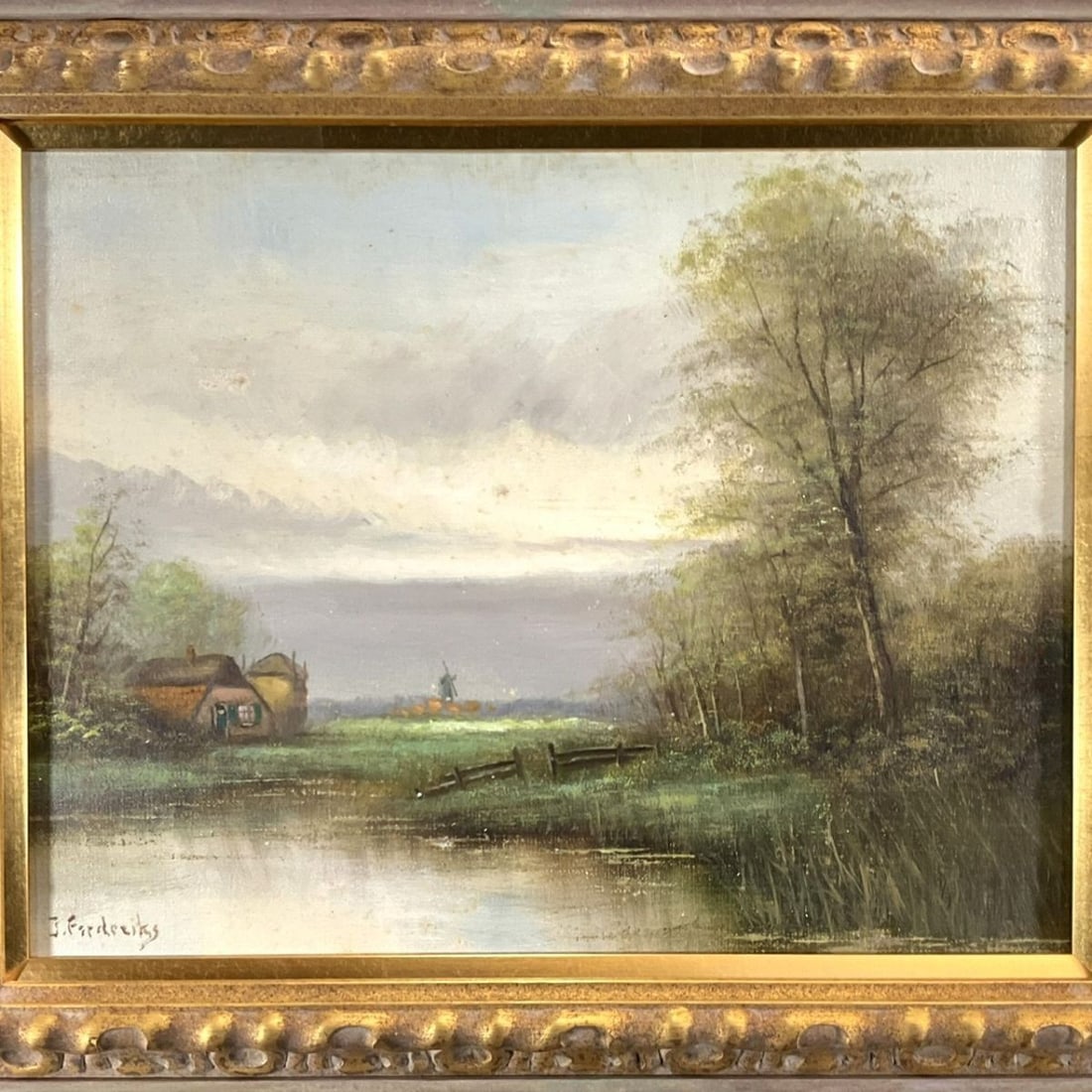Framed Original Oil Painting European Landscape Windmill Signed Frederiks - 2