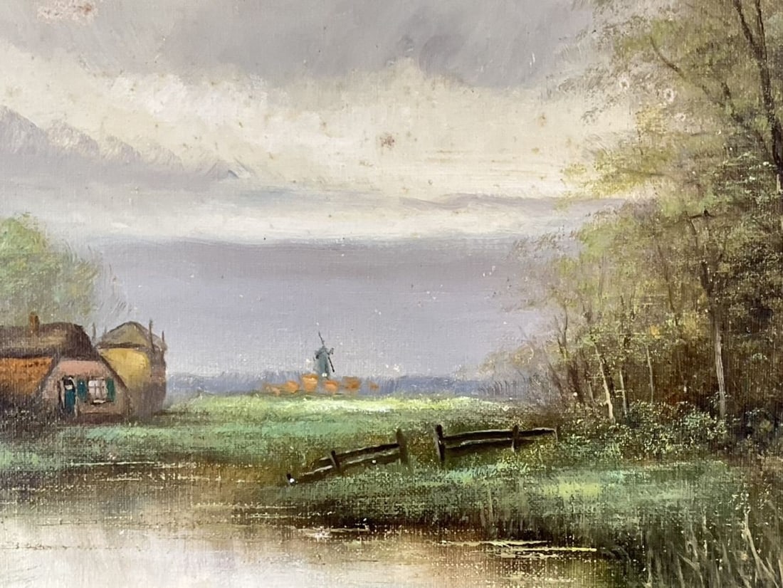 Framed Original Oil Painting European Landscape Windmill Signed Frederiks - 3