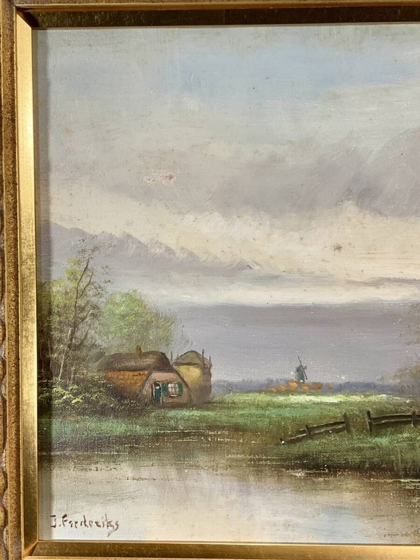 Framed Original Oil Painting European Landscape Windmill Signed Frederiks - 4