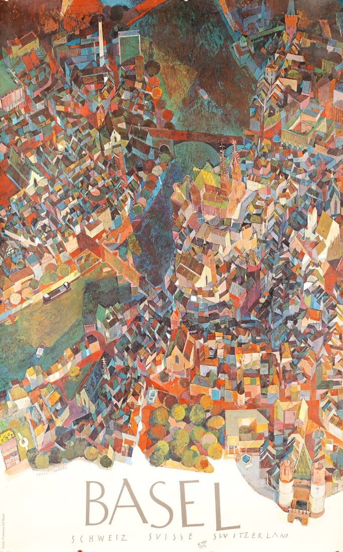 View Vintage Basel Switzerland Poster Markus Schneider C1960 Aerial City - 2