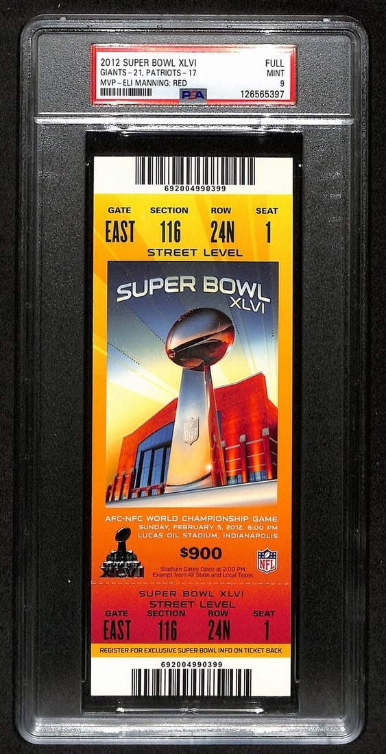 201381 2012 Super Bowl XLVI (46) FULL TICKET Giants vs. Patriots PSA MINT 9 (1 of 2)