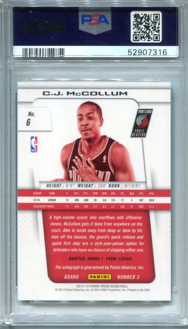 AUTO 10) - CJ McCollum 2013 Panini Prizm #6 Auto (PSA GEM MT 10 - 2