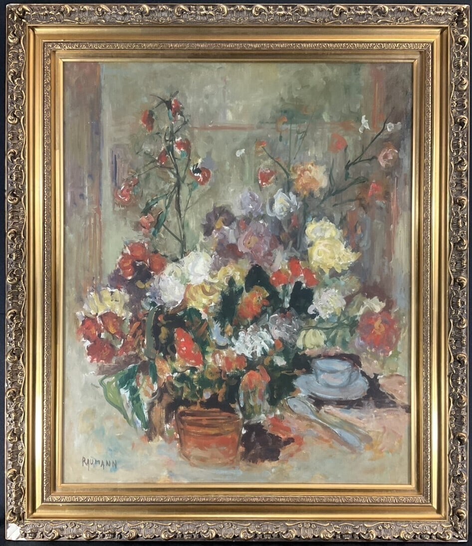 15F Joseph Raumann (Hungary) Oil Painting "Flowers and Blue Teacup" Still Life (1 of 10)
