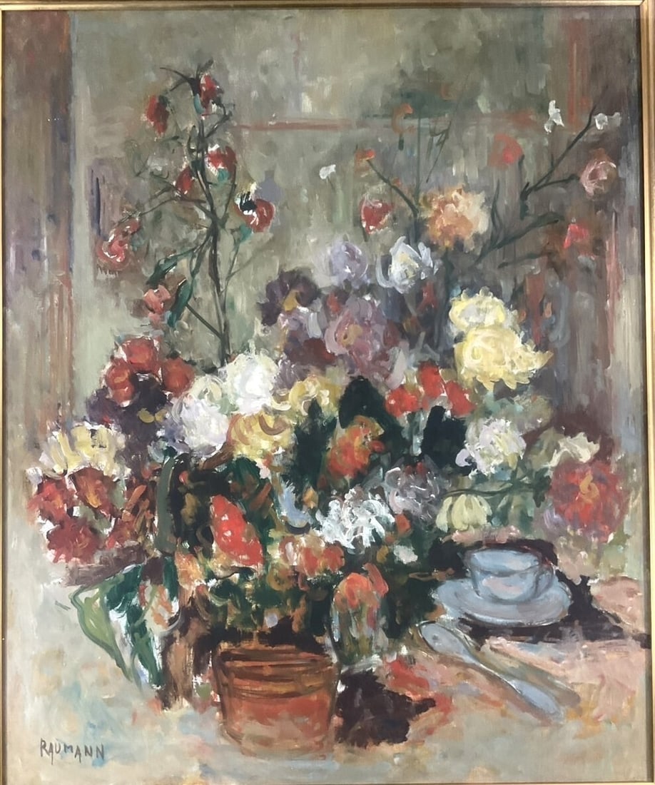 15F Joseph Raumann (Hungary) Oil Painting "Flowers and Blue Teacup" Still Life - 2