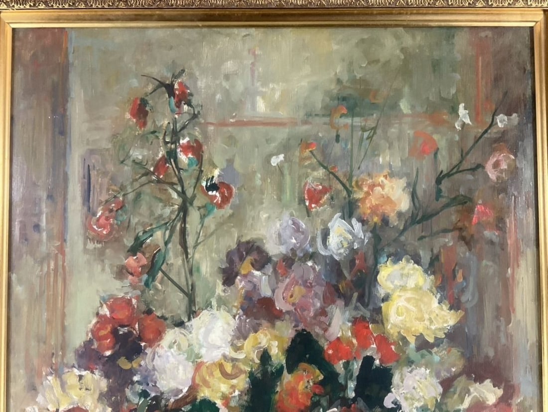 15F Joseph Raumann (Hungary) Oil Painting "Flowers and Blue Teacup" Still Life - 3