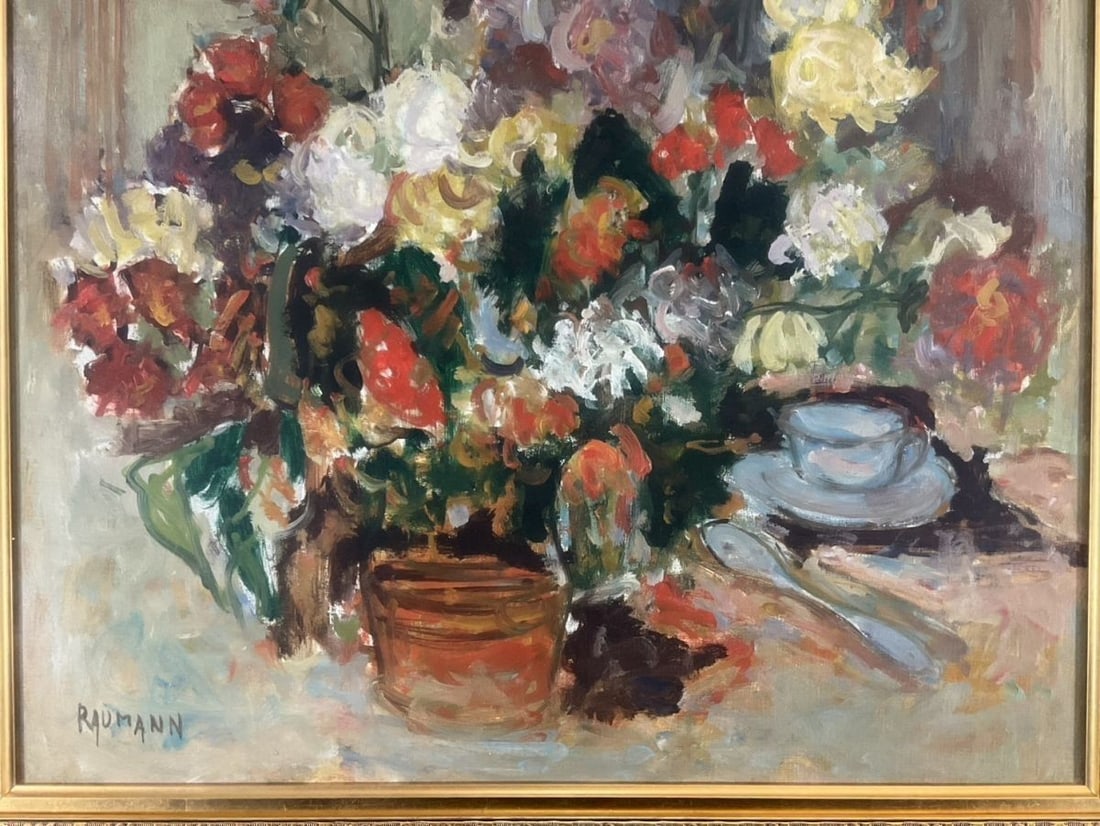 15F Joseph Raumann (Hungary) Oil Painting "Flowers and Blue Teacup" Still Life - 4