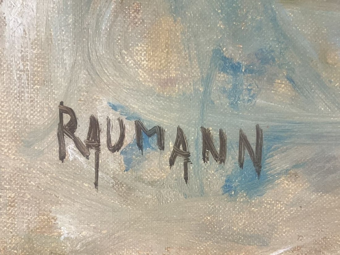 15F Joseph Raumann (Hungary) Oil Painting "Flowers and Blue Teacup" Still Life - 5