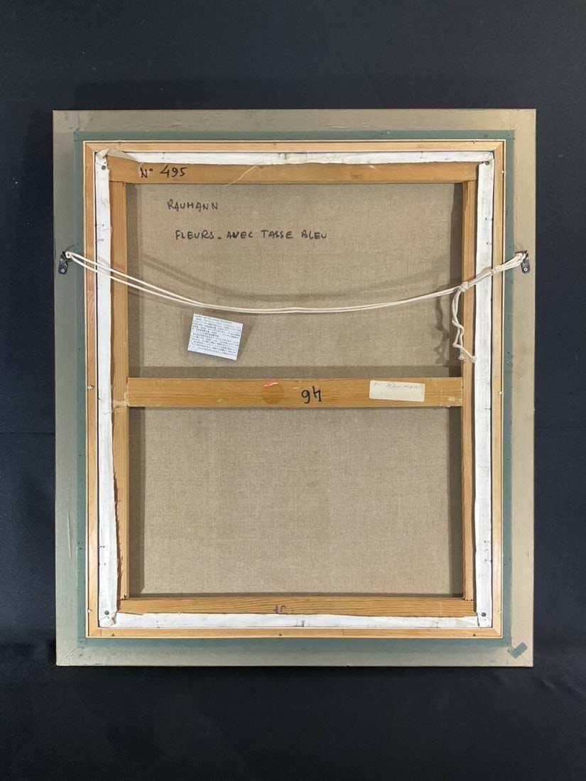 15F Joseph Raumann (Hungary) Oil Painting "Flowers and Blue Teacup" Still Life - 7