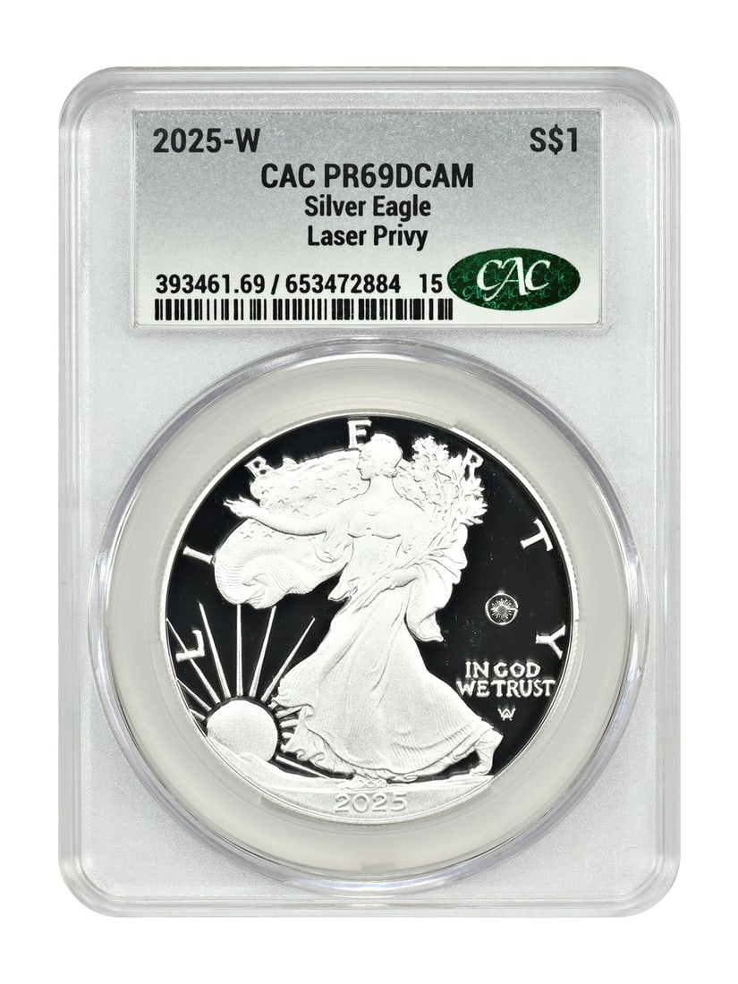 Silver Eagles - 2025-W $1 Silver Eagle CACG PR69DCAM (Laser Privy): Silver Eagles - 2025-W $1 Silver Eagle CACG PR69DCAM (Laser Privy) This listing features Silver Eagles - 2025-W $1 Silver Eagle CACG PR69DCAM (Laser Privy). Item specifics are provided below. Item Spe