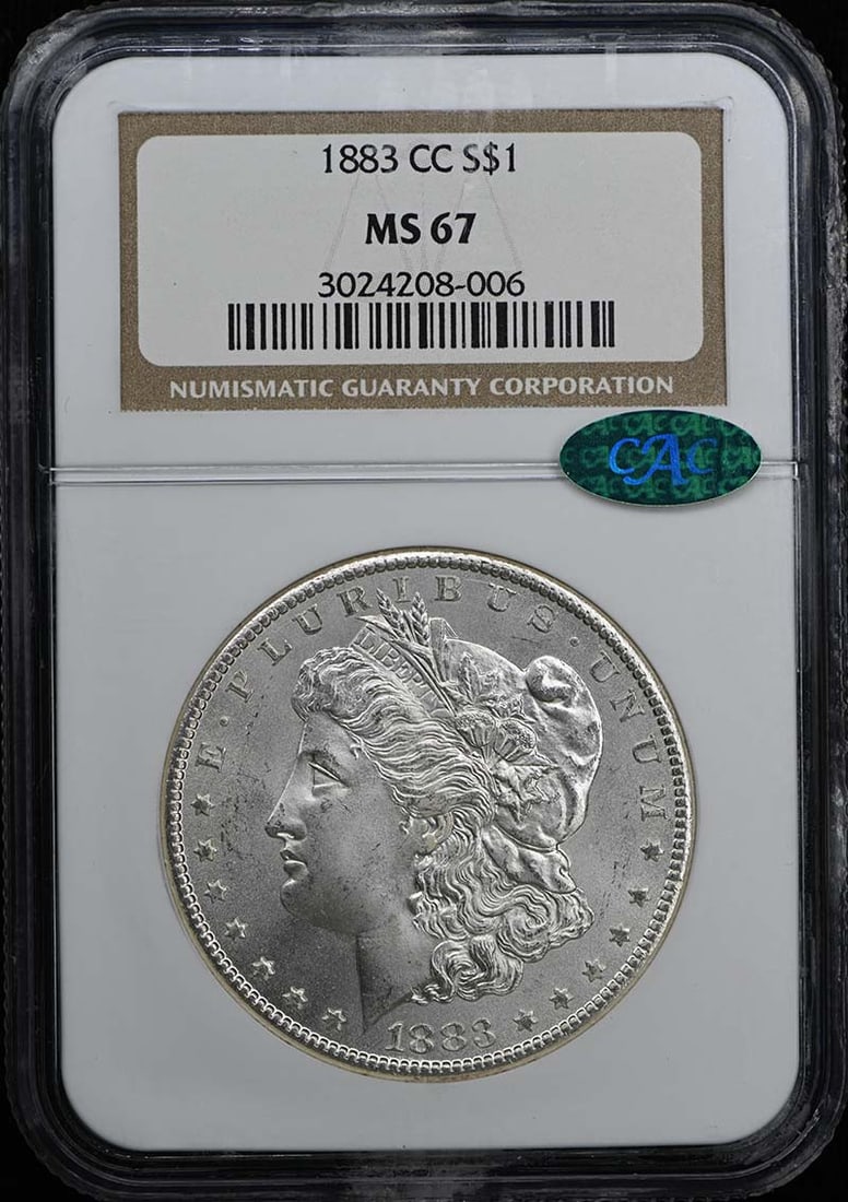 (CAC) 1883-CC Morgan Dollar S$1 NGC MS67: (CAC) 1883-CC Morgan Dollar S$1 NGC MS67 This listing features (CAC) 1883-CC Morgan Dollar S$1 NGC MS67. Item specifics are provided below. Item Specifics: Certification: NGC Certification Number: 302